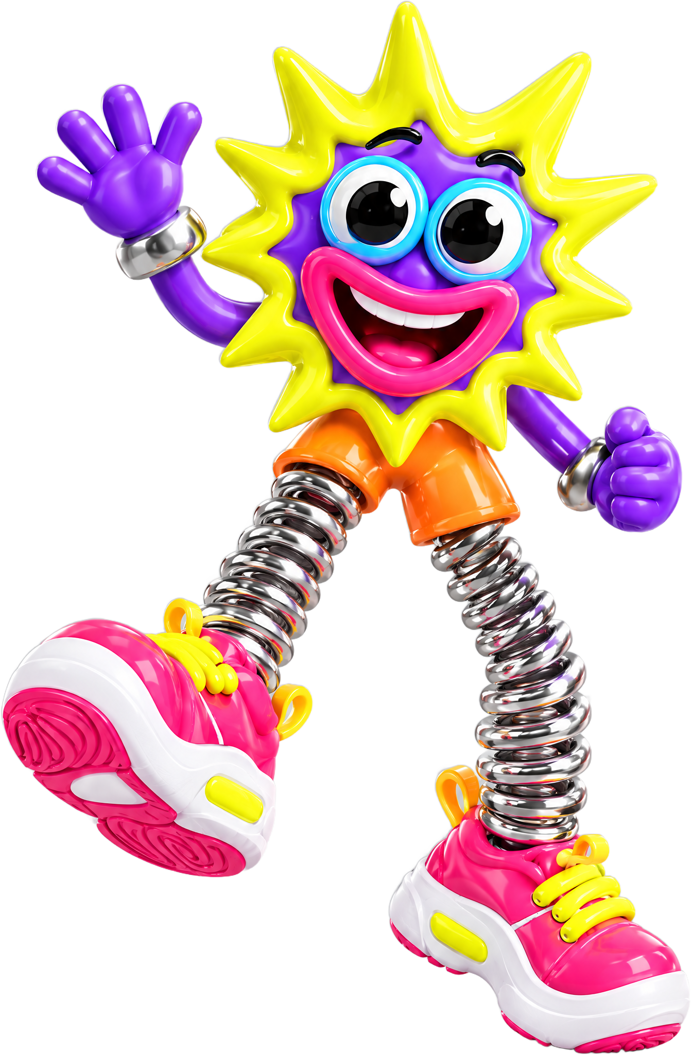Spryngy, with a neon-yellow starburst head, purple face, big blue-rimmed eyes, hot-pink grin, chrome spring legs, and pink sneakers